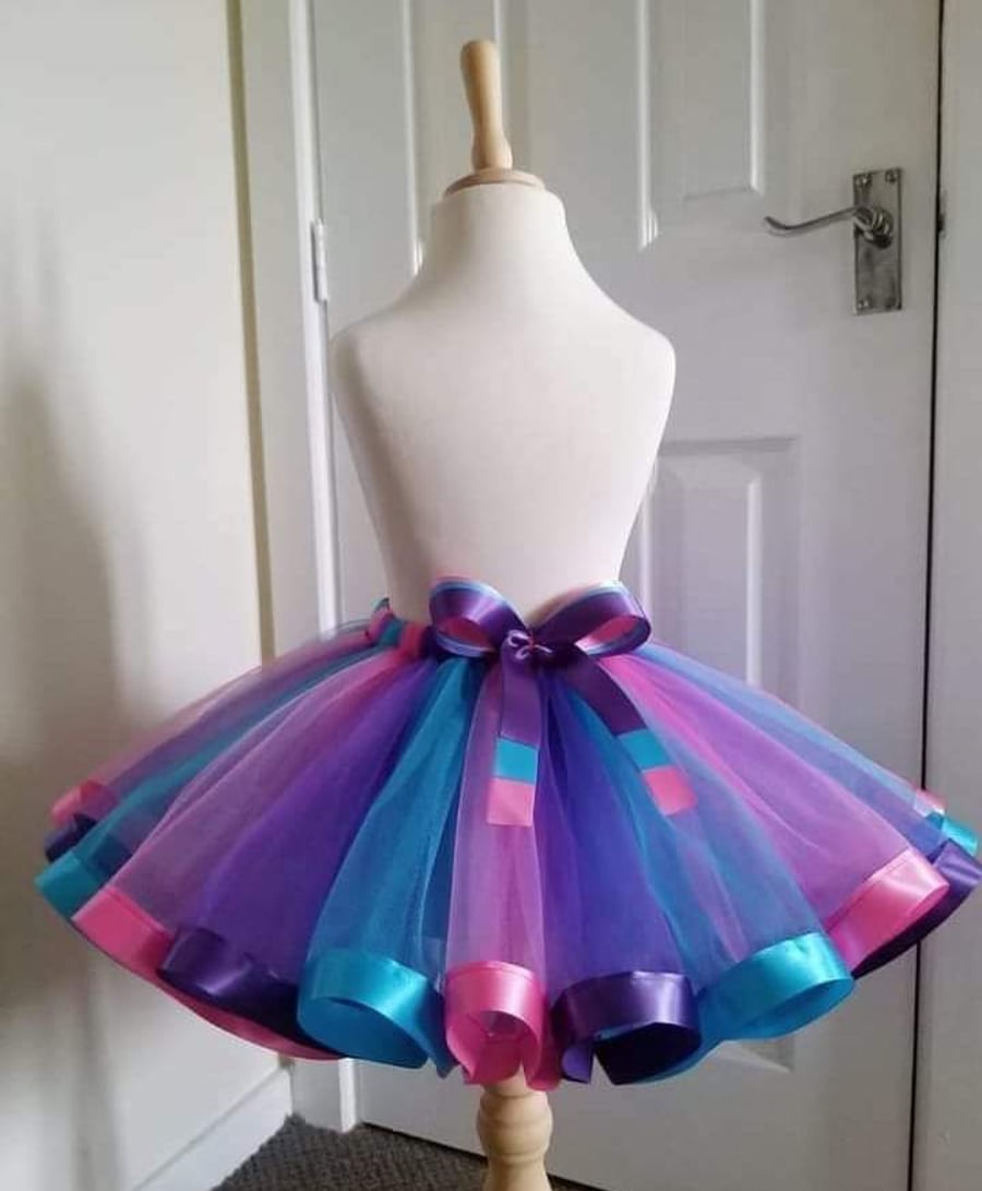 Girl's Purple, Aqua & Hot Pink Tutu Skirt - Ages From 0-6 Months to 6-7 Years UK