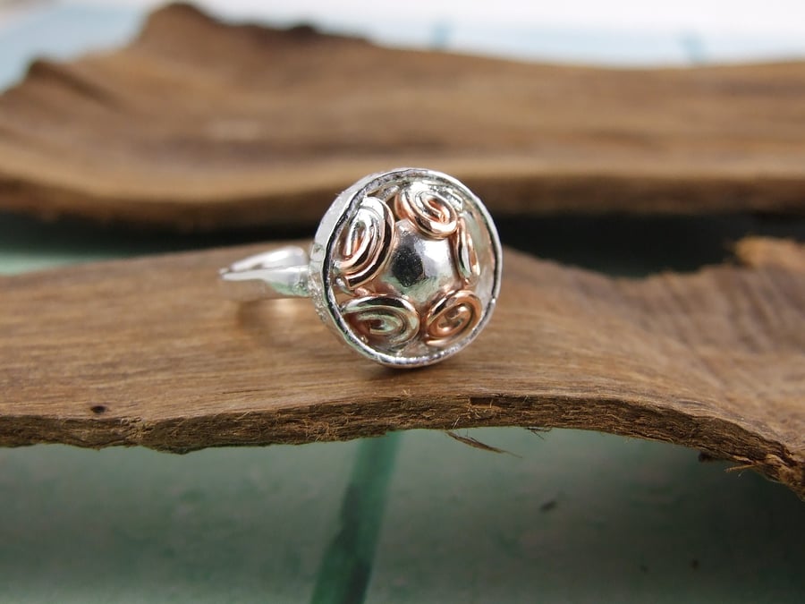 Sterling Silver and Copper Coil Flower Ring, Adjustable Fit, Freesize