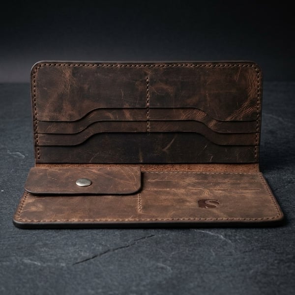 Espresso Brown Full Grain Leather Long Wallet Coin Pocket Organiser Wallet UK