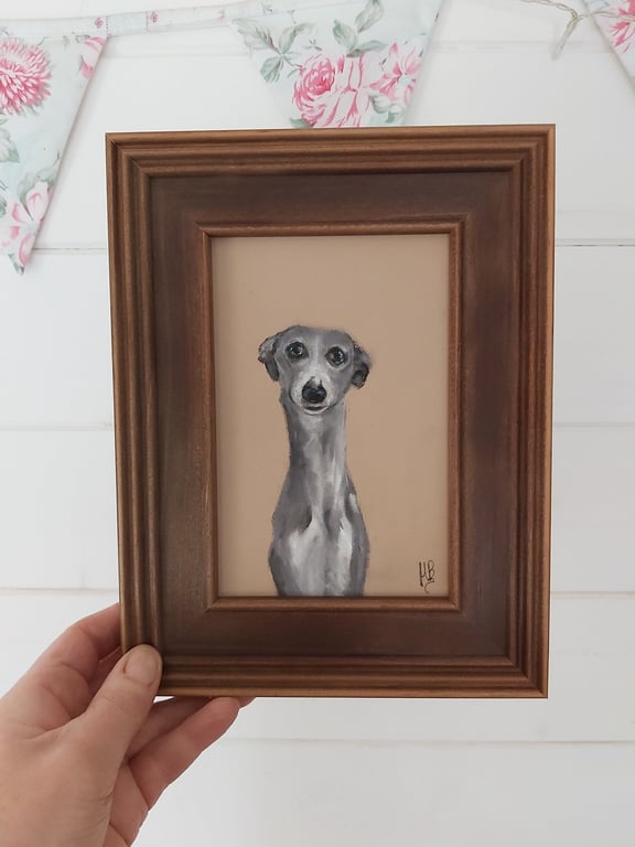 Framed Original Art Soft Pastel Drawing Whippet Greyhound Sighthound Dog 