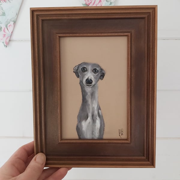 Framed Original Art Soft Pastel Drawing Whippet Greyhound Sighthound Dog 