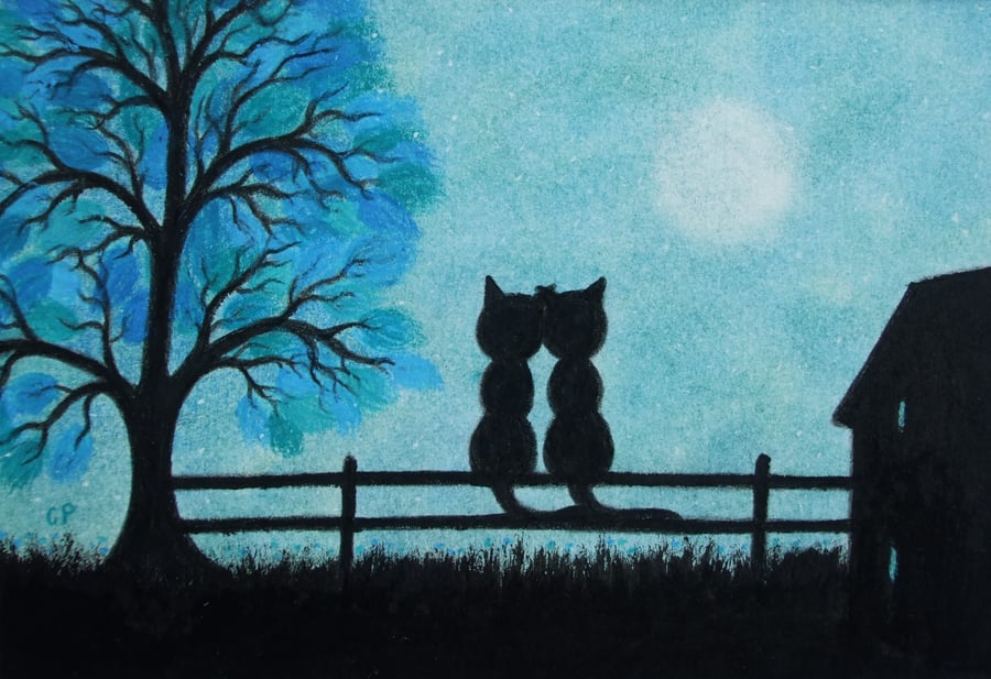 Cat Wedding Card, Romantic Moon Card, Love Black Cats Card, Anniversary Card