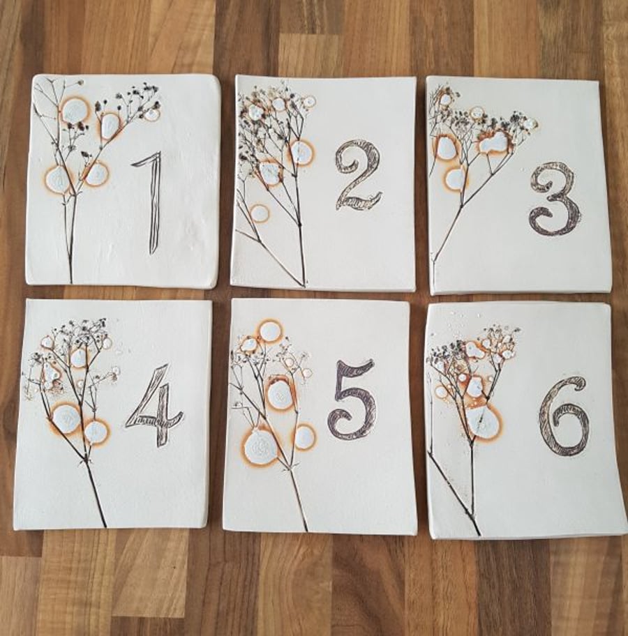 Set of 6 Ceramic Wedding Table Number Tiles with wooden easels
