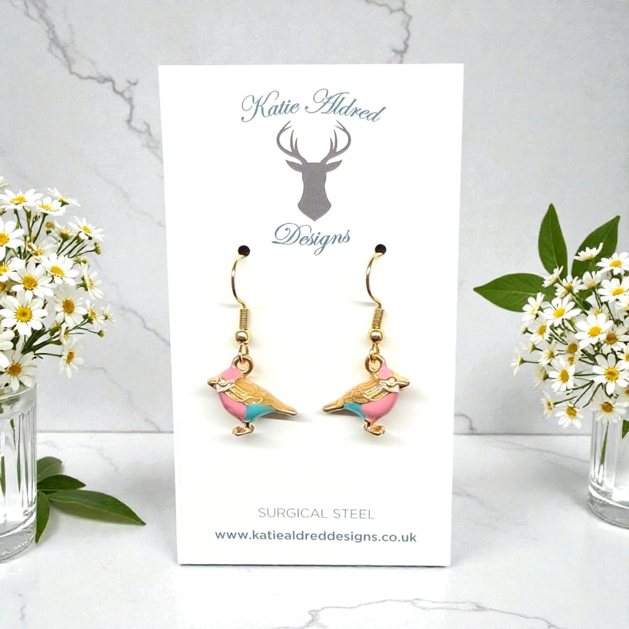 Charm Earrings - 3D Bird - Pink and Blue