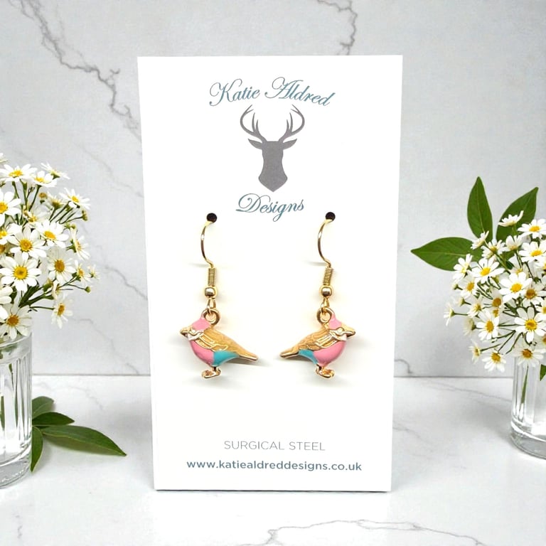Charm Earrings - 3D Bird - Pink and Blue
