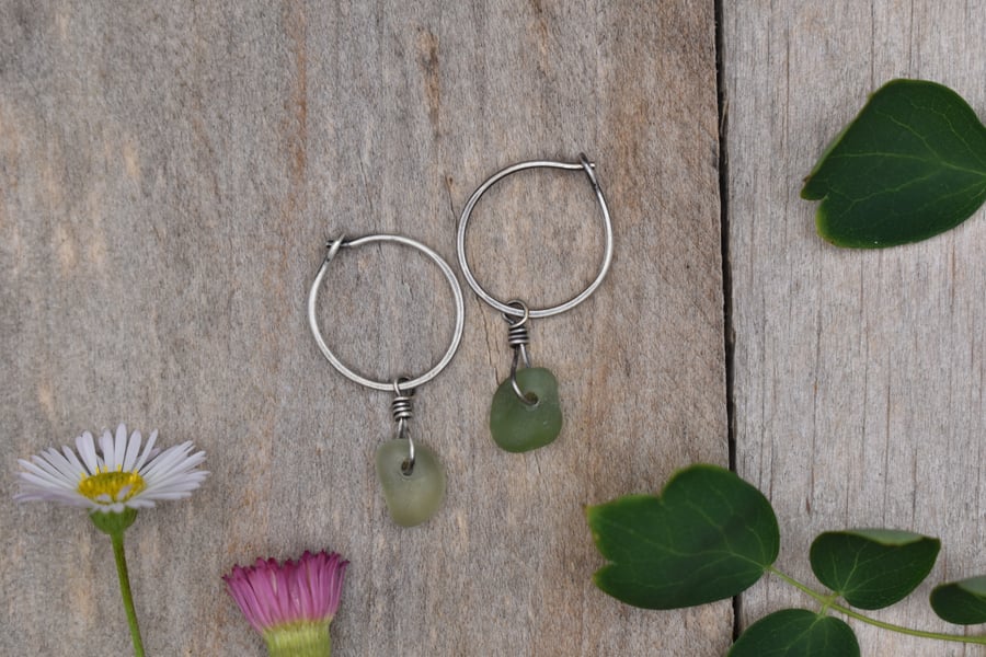 Scottish Sea Glass & Recycled Sterling Silver Hoop Earrings, Green Sea Glass