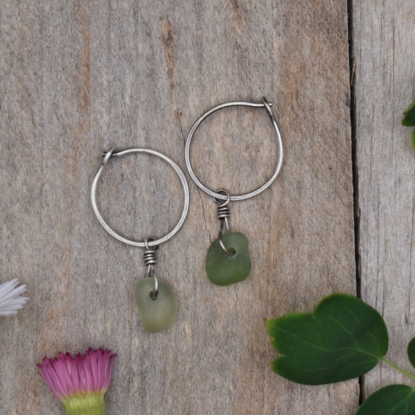 Scottish Sea Glass & Recycled Sterling Silver Hoop Earrings, Green Sea Glass
