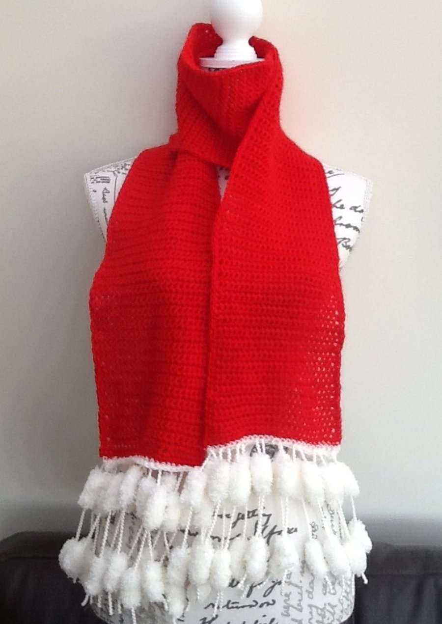 Festive Red! Crocheted Scarf with Pom Pom fringe Detail!
