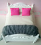 1:12 Scale Pink & Cream Dolls House Bedding Set With Knitted Grey Throw - Image 1