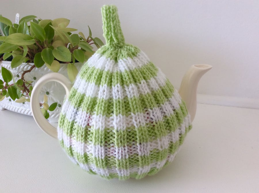 Striped Tea Cosy lime and white - knitted tea cosy 4 to 6cup pot 
