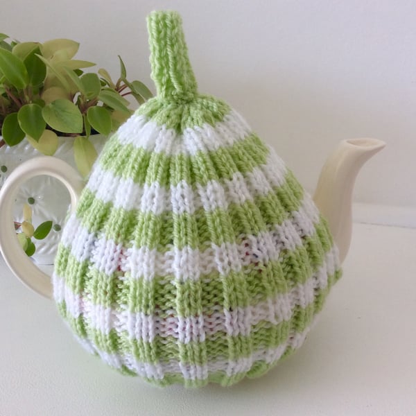 Striped Tea Cosy lime and white - knitted tea cosy 4 to 6cup pot 