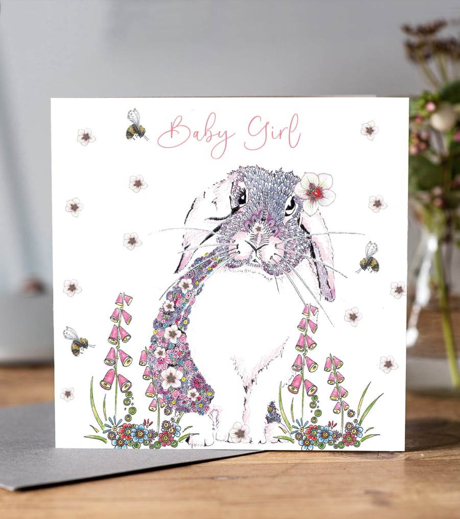 Beautiful floral Pink Bunny Greeting card