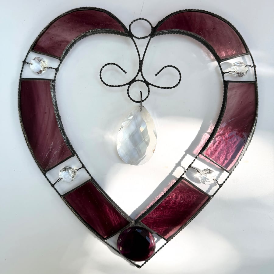 Stained Glass and Wire Heart Suncatcher - Handmade - Pink Streaky