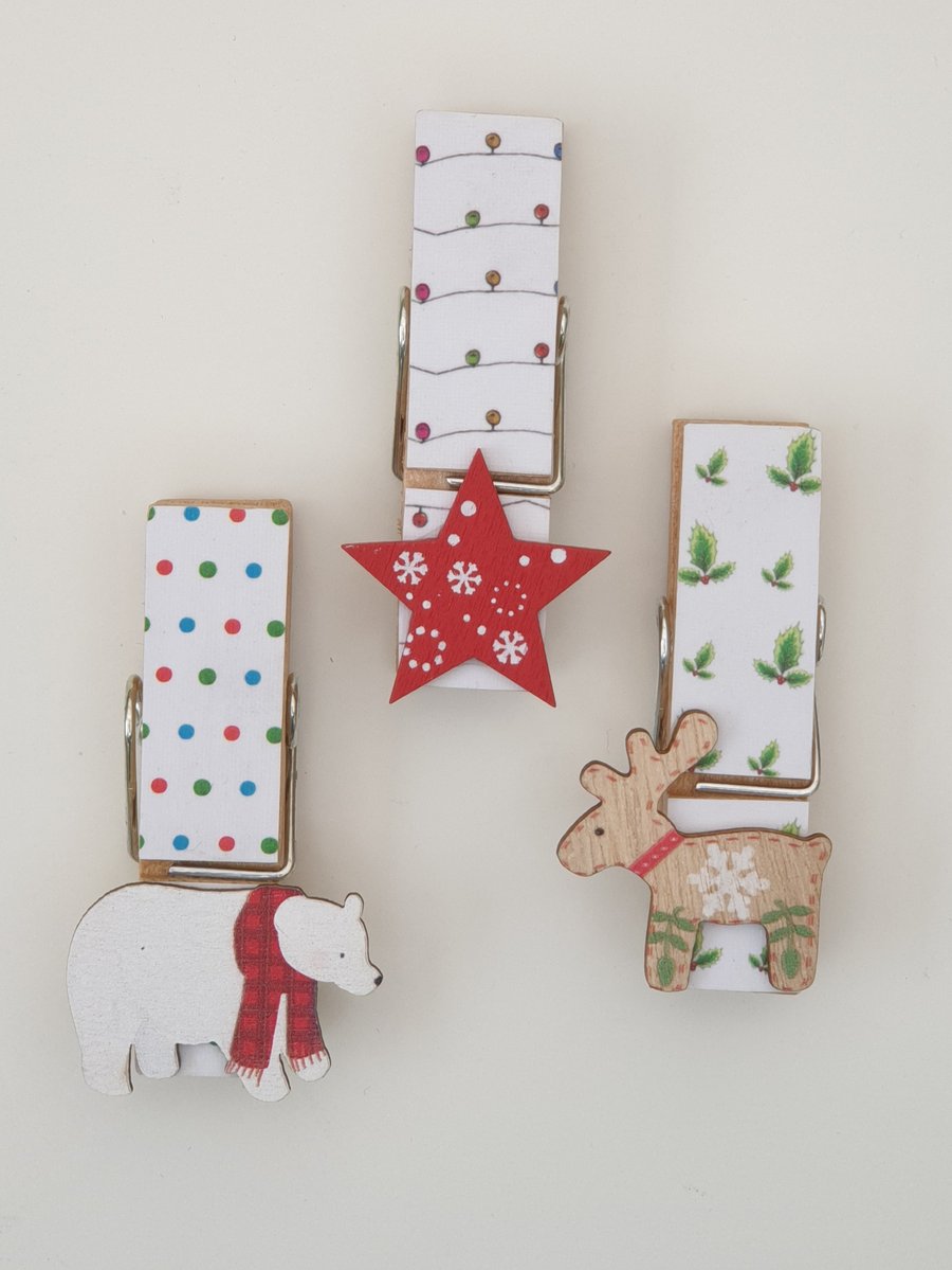 Christmas peg magnets - reindeer, polar bear, Christmas star - secret santa gift