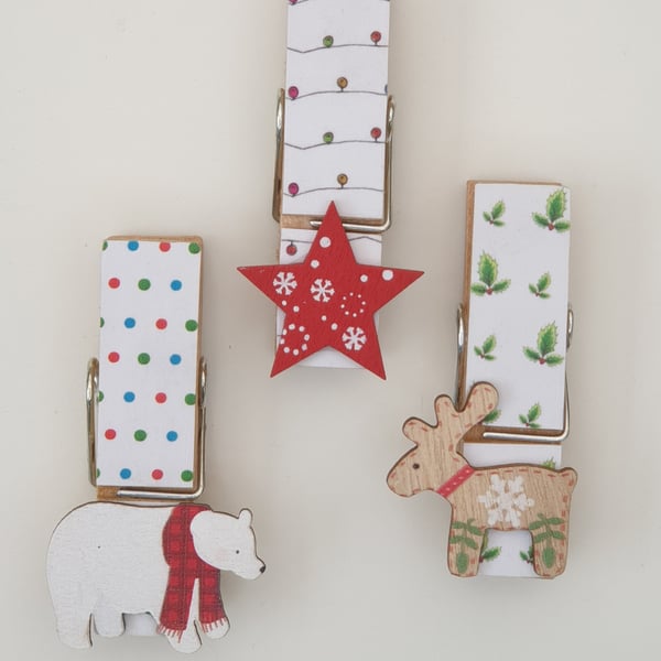 Christmas peg magnets - reindeer, polar bear, Christmas star - secret santa gift