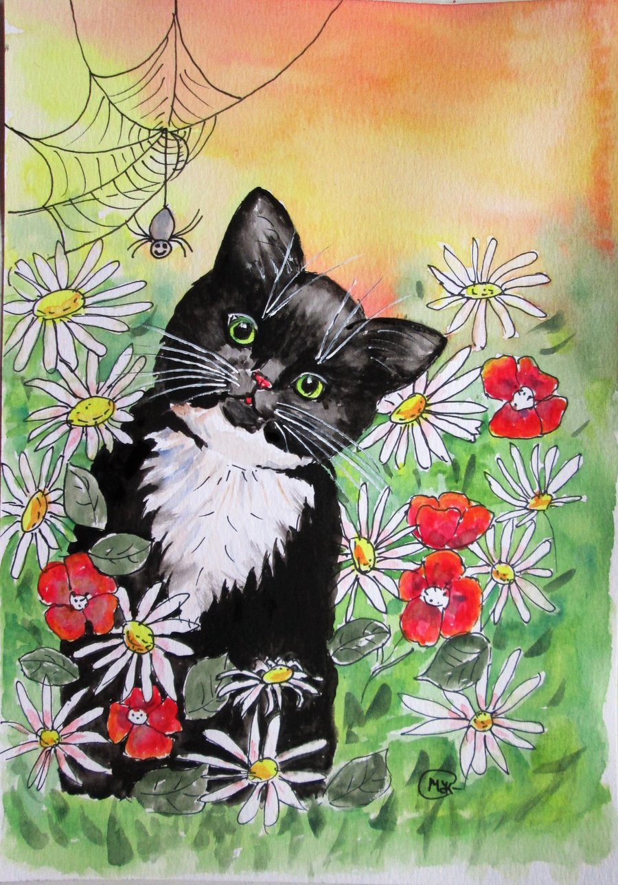 Cat, flowers and spider. Painting