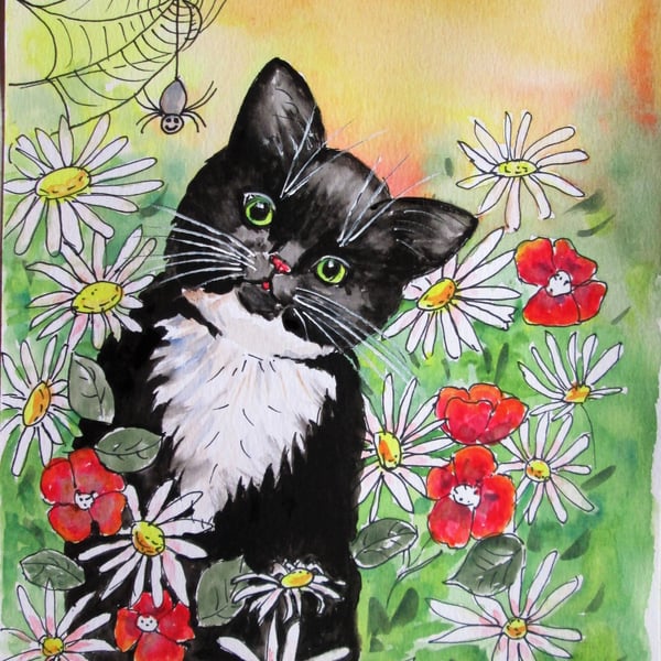 Cat, flowers and spider. Painting