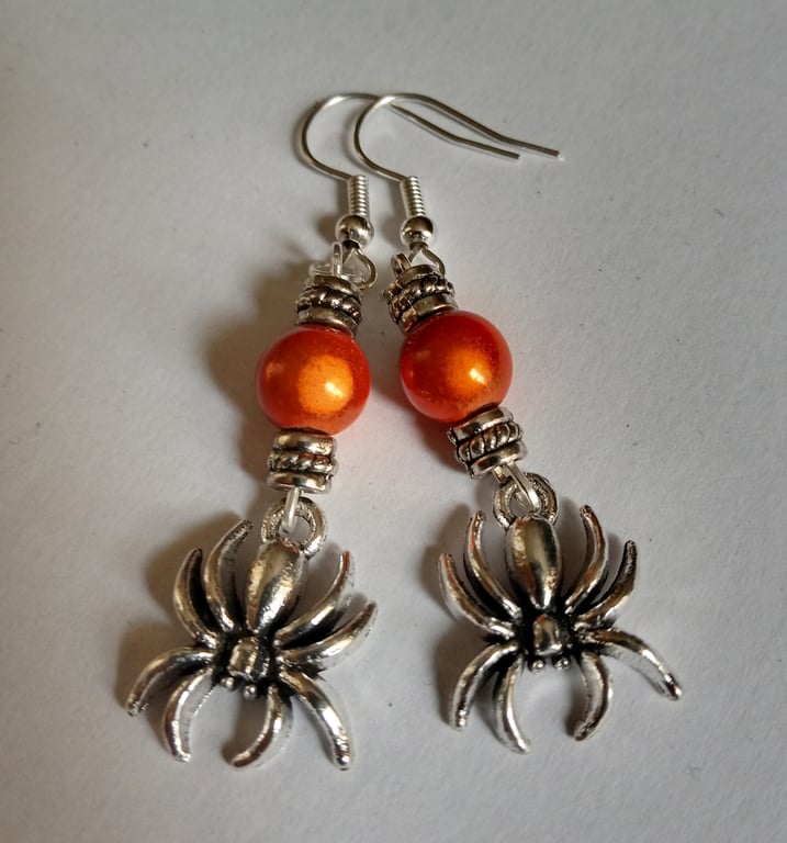 Orange Bead Spider Gothic Earrings
