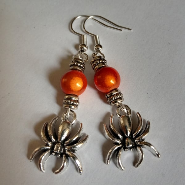 Orange Bead Spider Gothic Earrings
