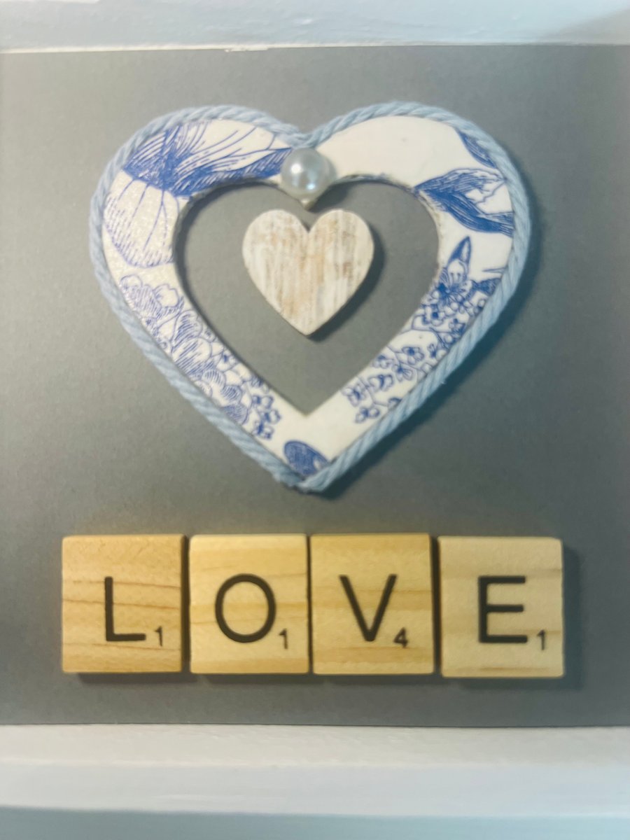 Blue Blossom Decoupage Heart – Rustic Love Frame (12cm x 12cm)