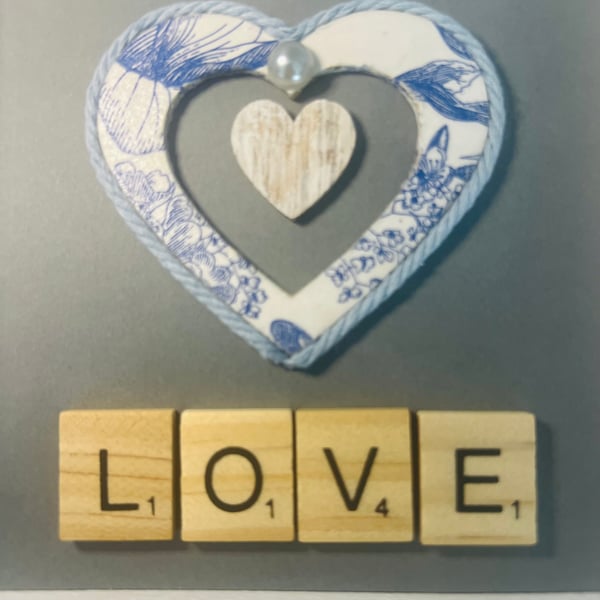 Blue Blossom Decoupage Heart – Rustic Love Frame (12cm x 12cm)