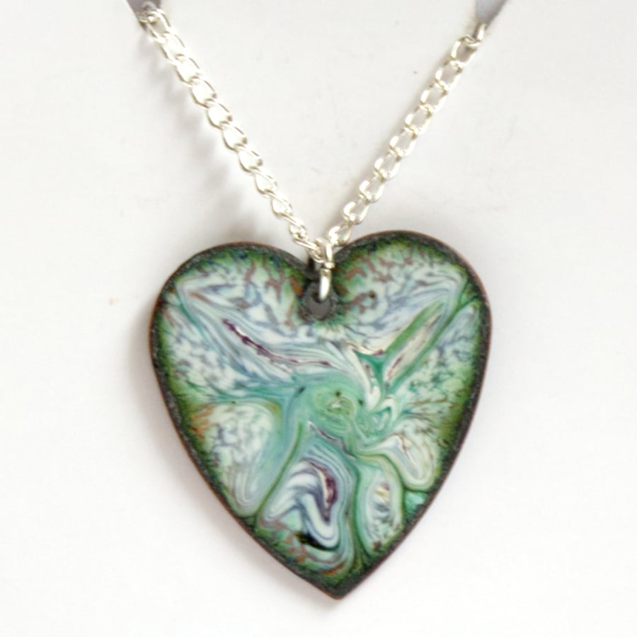 grey-green and dark red scrolled over white - heart pendant