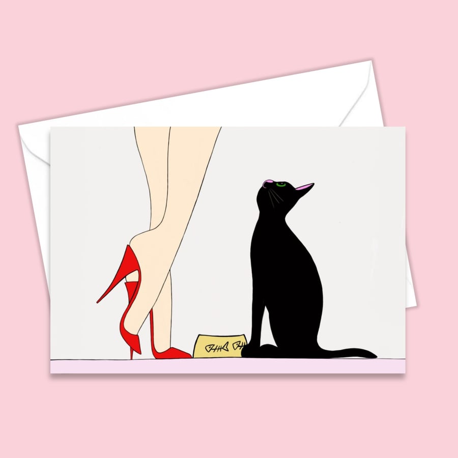 Black Cat Greetings Card For Cat Lovers, Printed From Hand Drawn Artwork