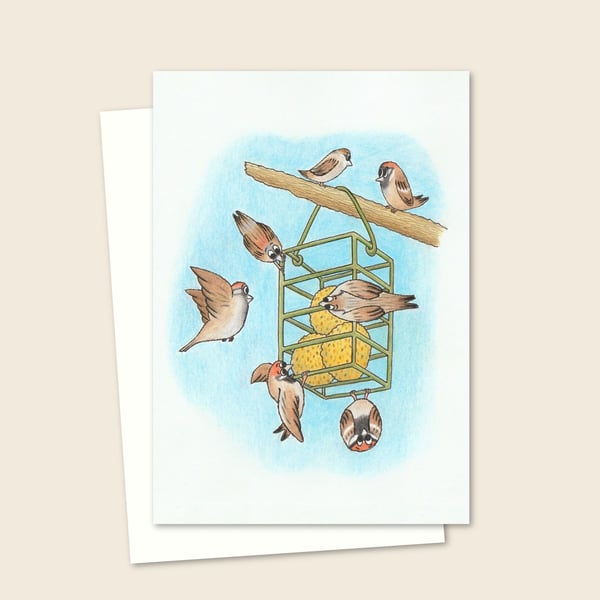 Garden Sparrows Greeting Card - Pencil Artwork for Any Occasion (208)