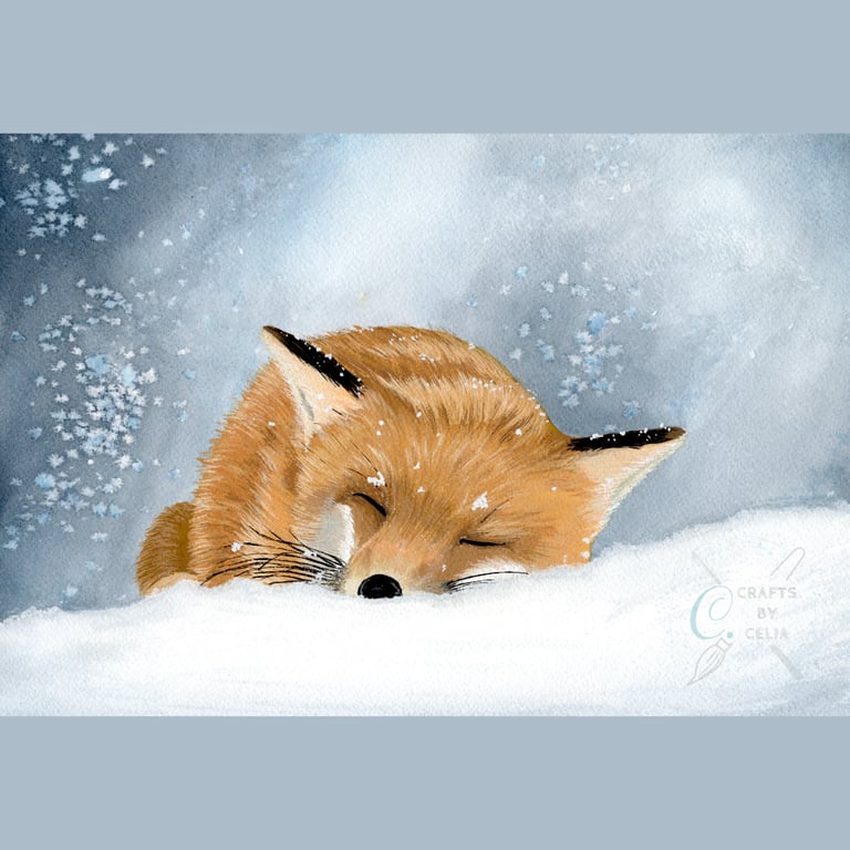 Original Sleeping Fox, Watercolour and Gouache Painting A4