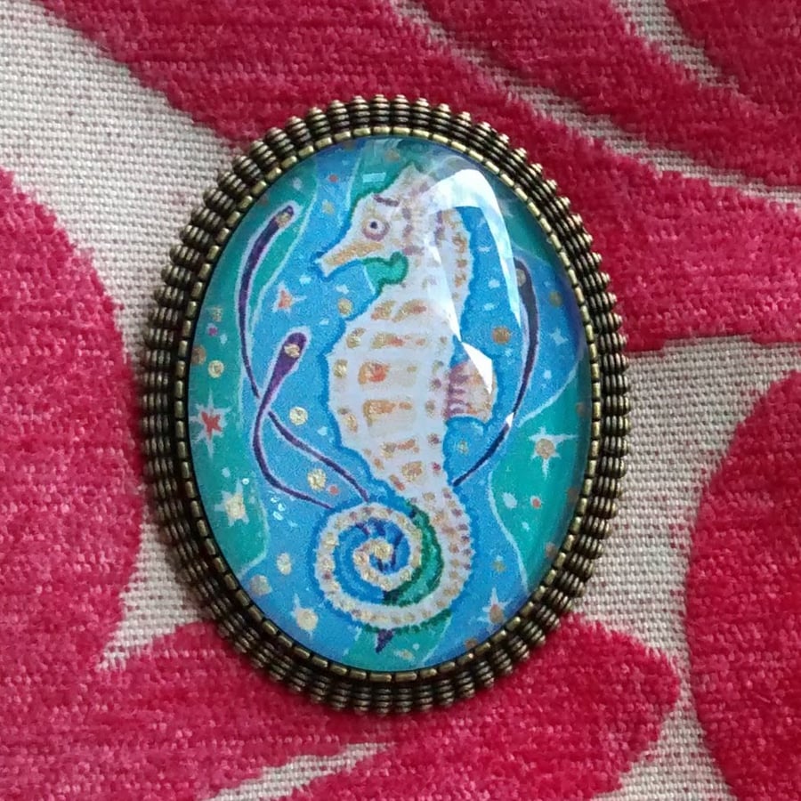 Sale! Seahorse Brooch, Miniature Picture in Antique Bronze Setting