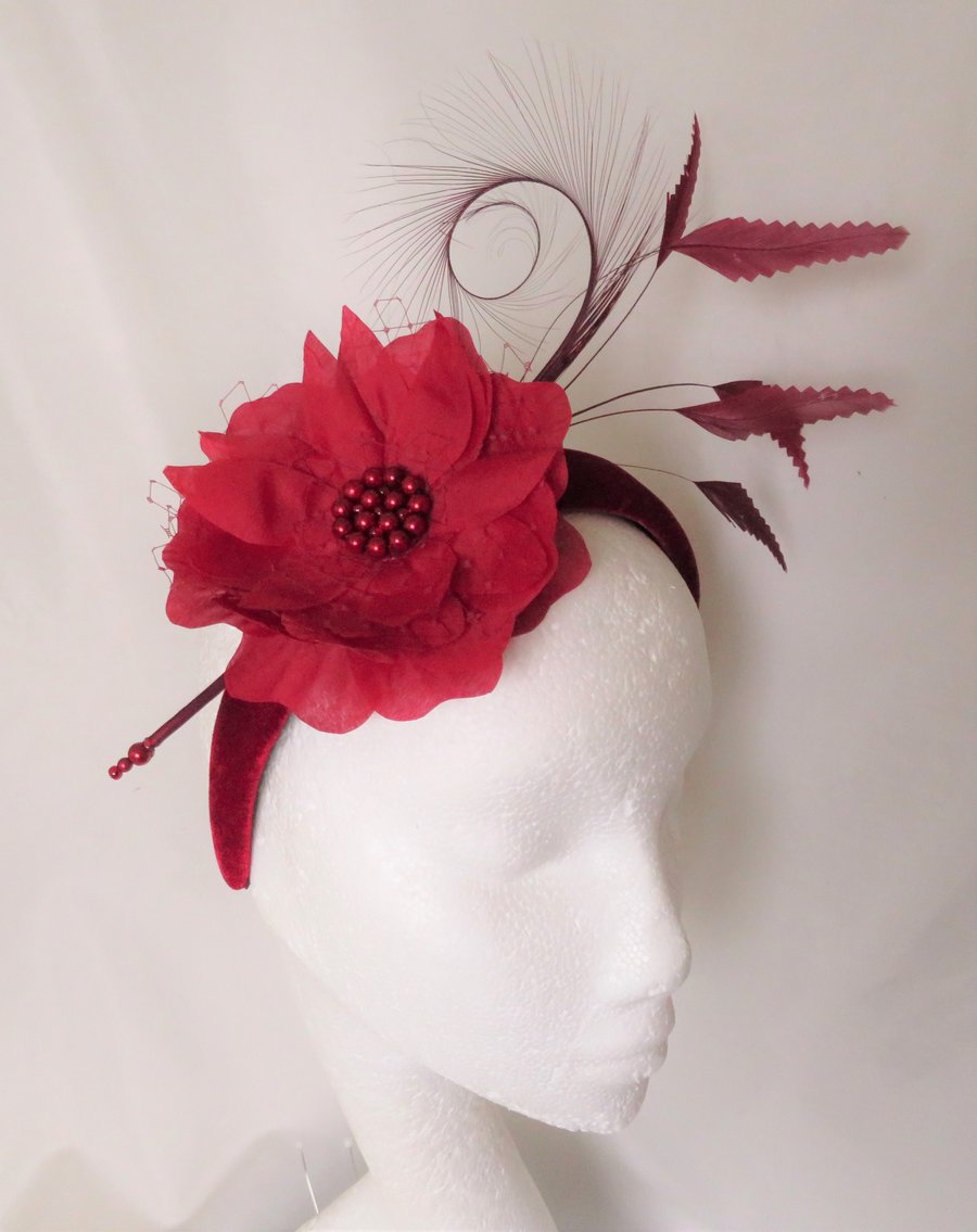 Deep Red Ruby Feather and Flower Velvet Padded Headband Fascinator 