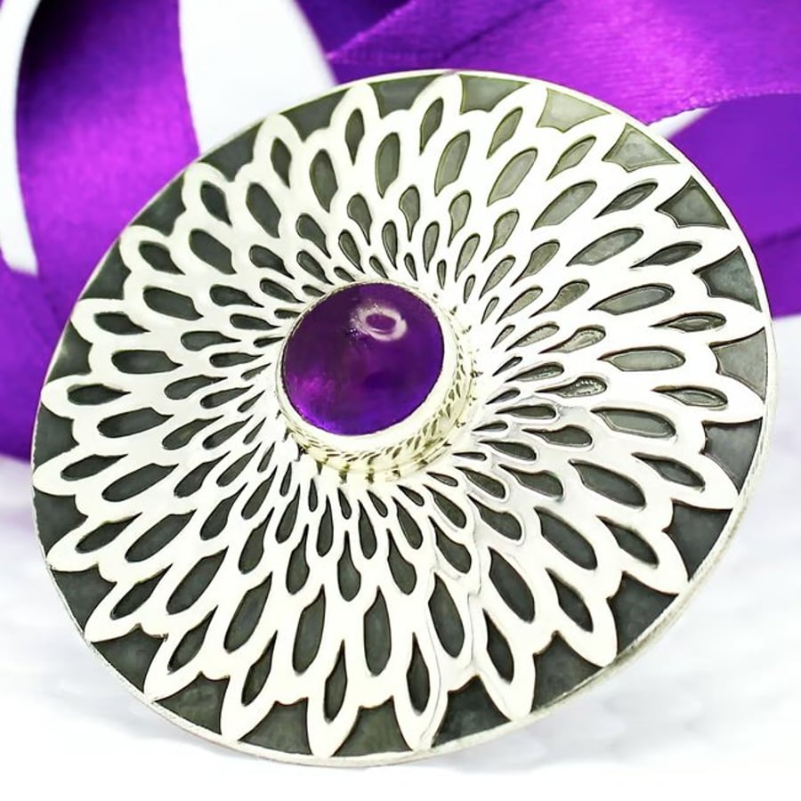 Handmade Amethyst brooch, sterling silver with a flower pattern. Stone choice.