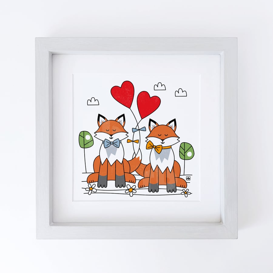 Foxes With Love Hearts, original Giclee print