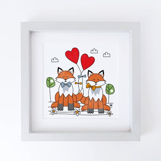 Foxes With Love Hearts, original Giclee print