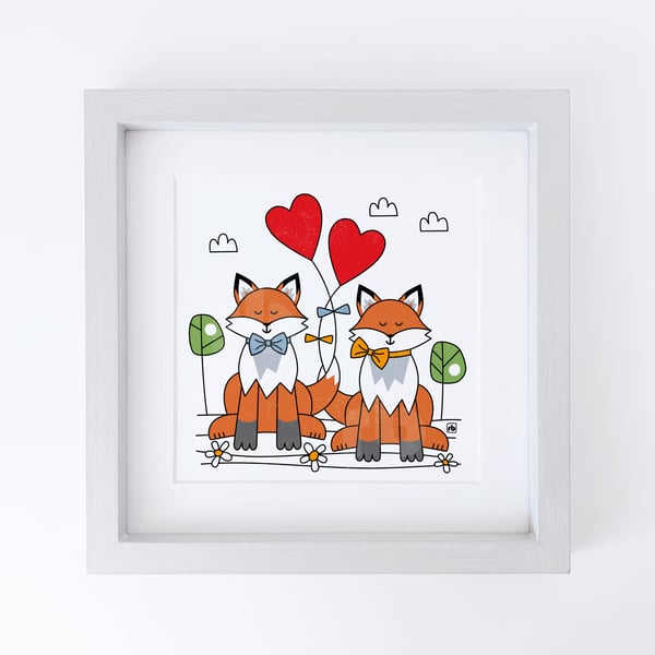 Foxes With Love Hearts, original Giclee print