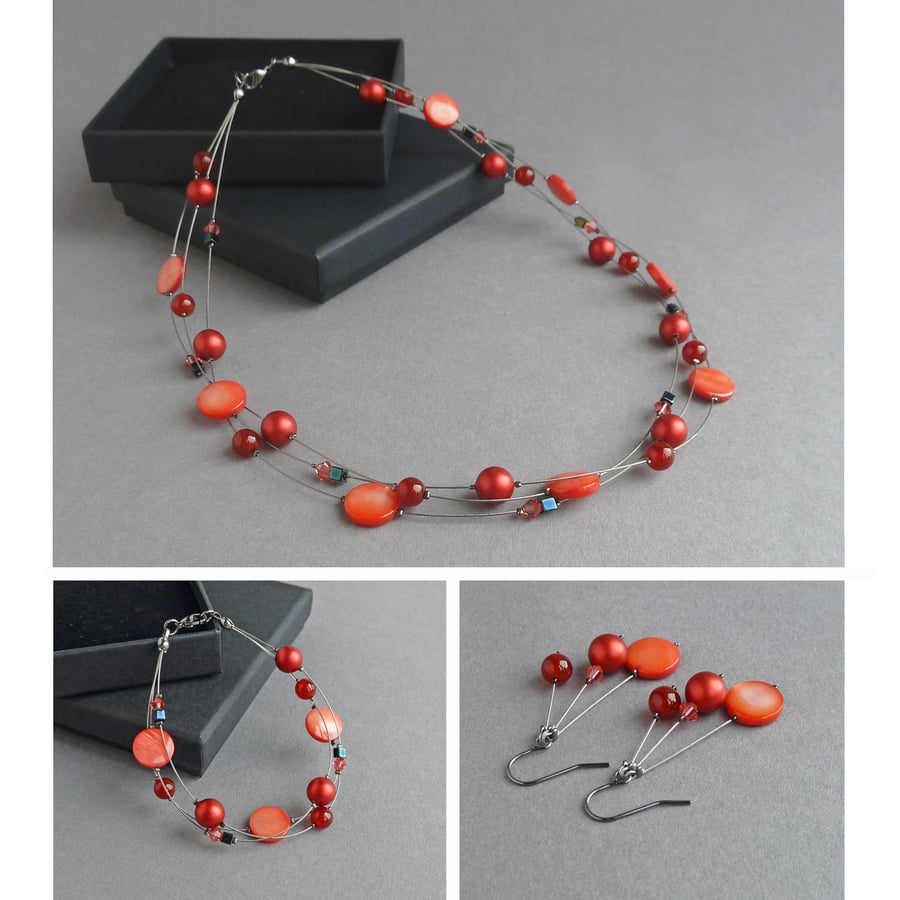 Bright Red Multi-strand Jewellery Set - Crimson Three Strand Jewellery Sets