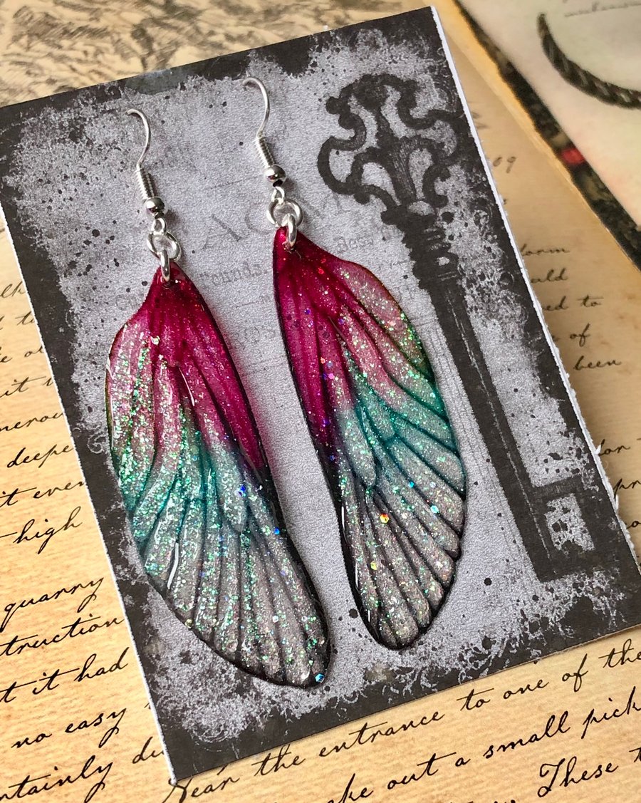 Magical Sparkling Dark Pink Glitter Fairy Wing Earriings