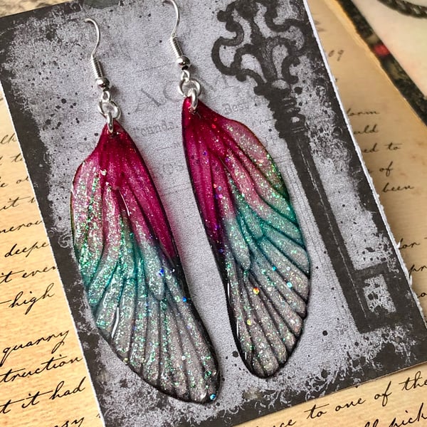 Magical Sparkling Dark Pink Glitter Fairy Wing Earriings