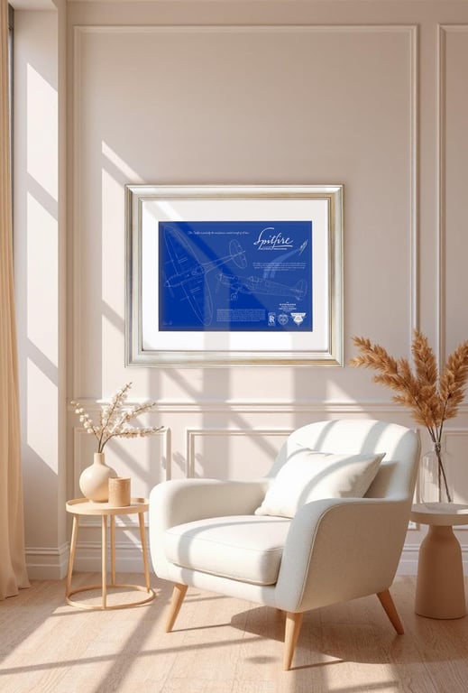 A line drawing of the Supermarine Spitfire as a detailed Blue-Print Size A3