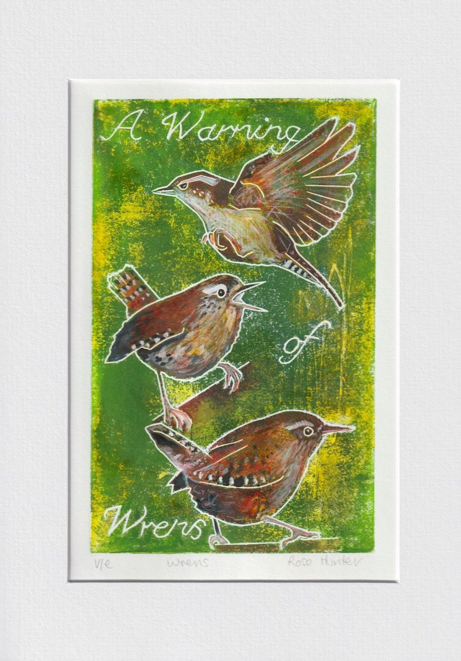 A Warning of Wrens - 002 original hand painted Lino print