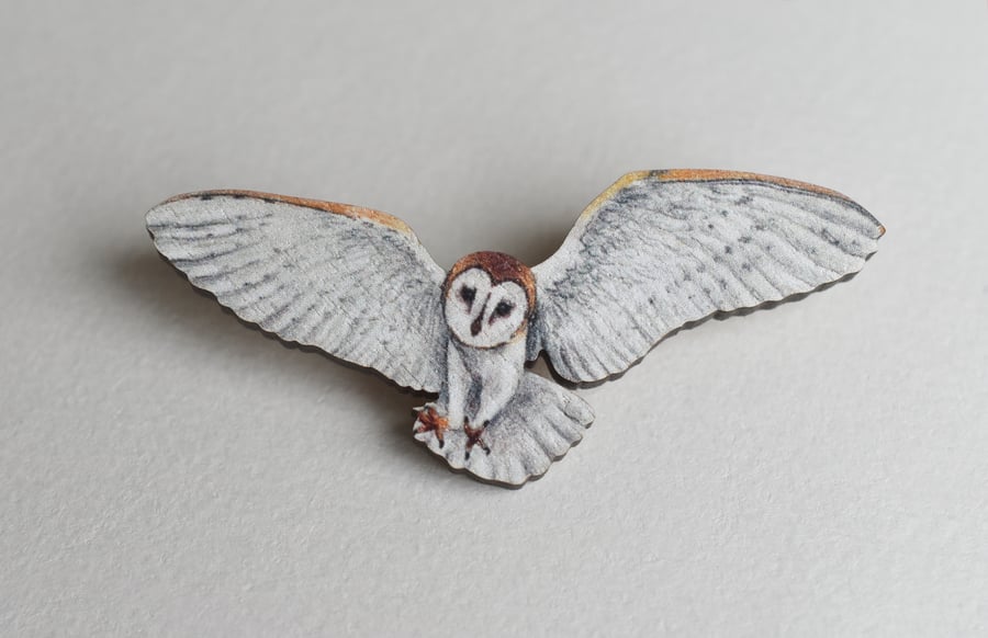 Flying Barn Owl Pin Badge, Illustrated Wooden Jewellery, eco friendly gift