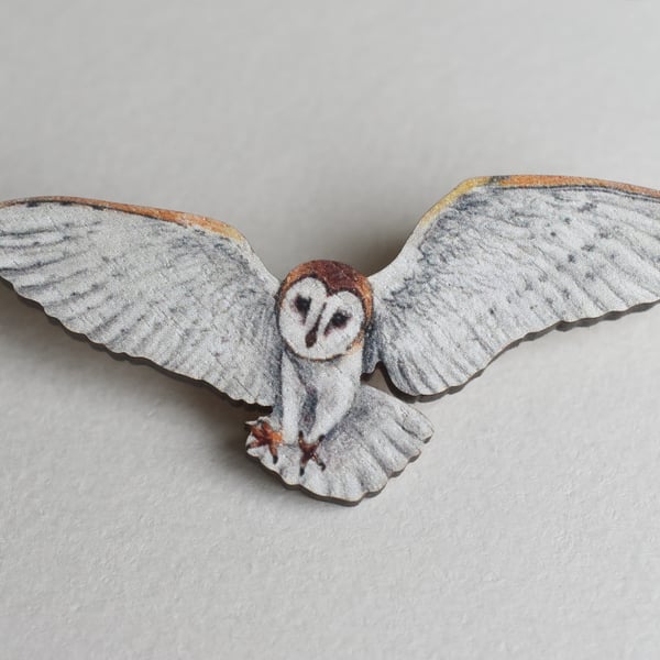 Flying Barn Owl Pin Badge, Illustrated Wooden Jewellery, eco friendly gift