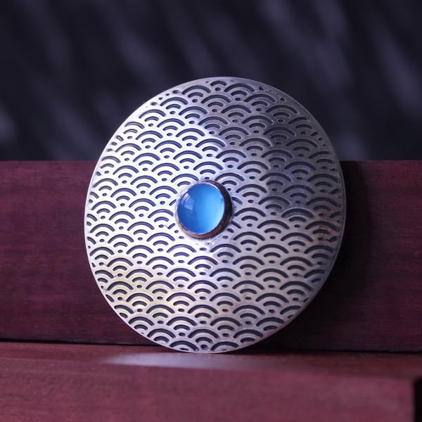 Blue Chalcedony Brooch, Japanese Fan Pattern, Silver Brooch No.5