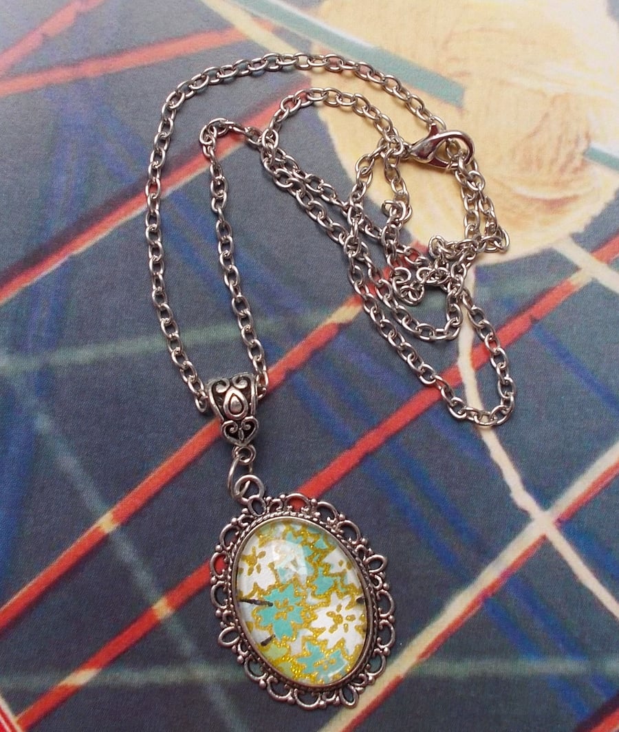 A Japanese Washi Design in a Glass Cabochon Pendant