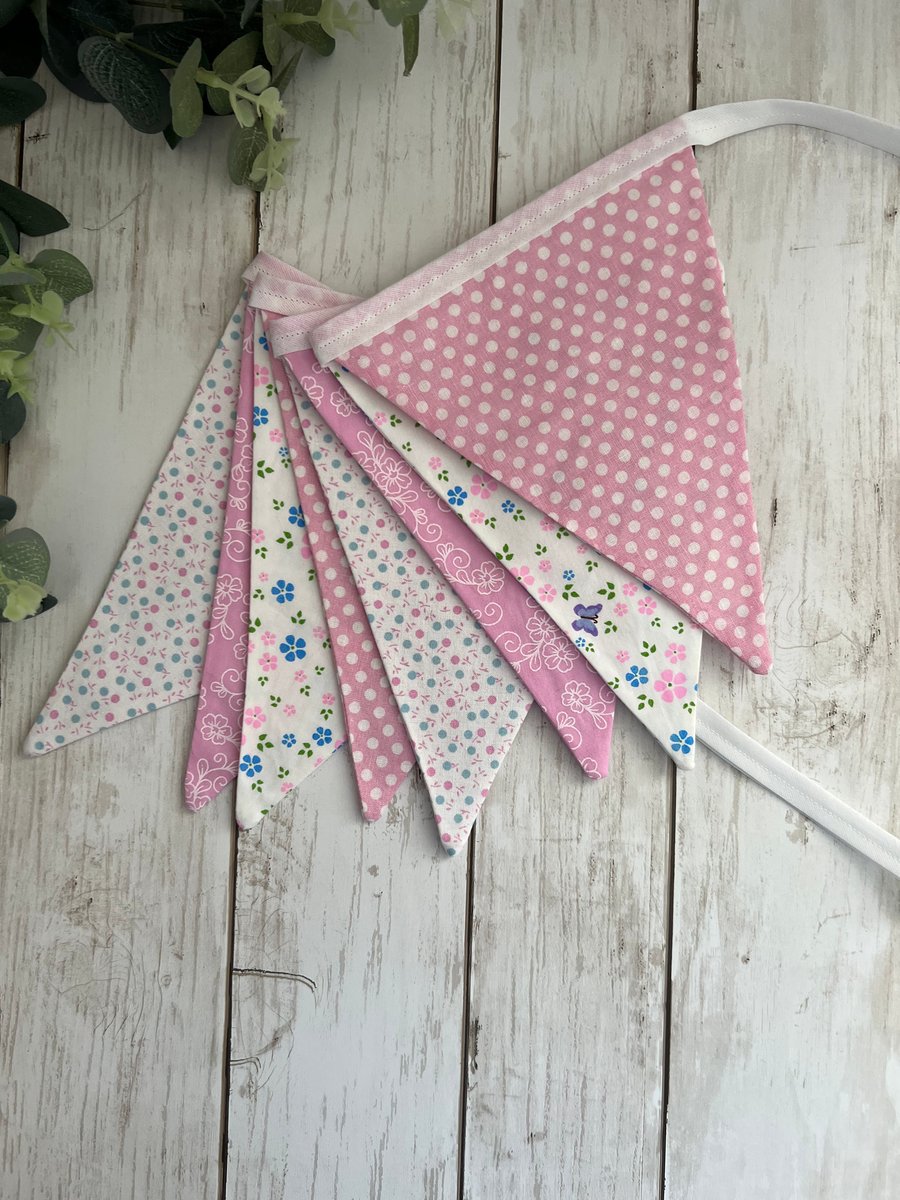 Handmade Fabric Bunting 8 Flags in Pink & White Floral and Patterned Design
