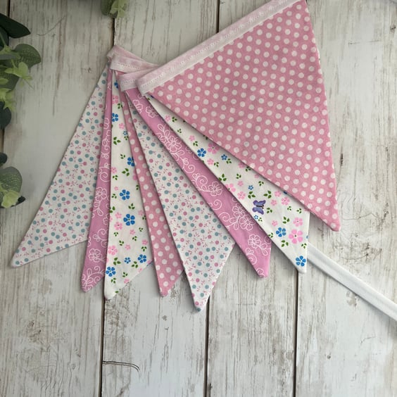 Handmade Fabric Bunting 8 Flags in Pink & White Floral and Patterned Design