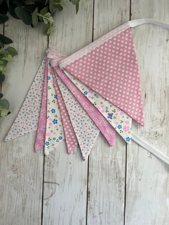 Handmade Fabric Bunting 8 Flags in Pink & White Floral and Patterned Design