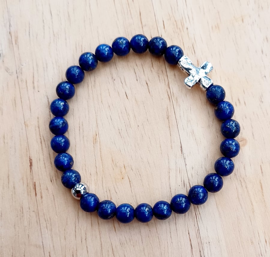 Lapis Lazuli Bracelet with Hammered Cross, 6mm Gemstone Beads, Christian Gift
