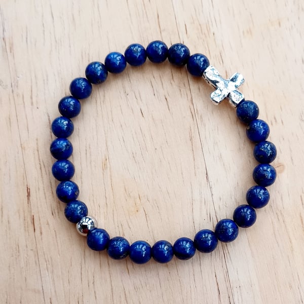 Lapis Lazuli Bracelet with Rugged Cross, 6mm Semi-Precious Beads, Christian Gift