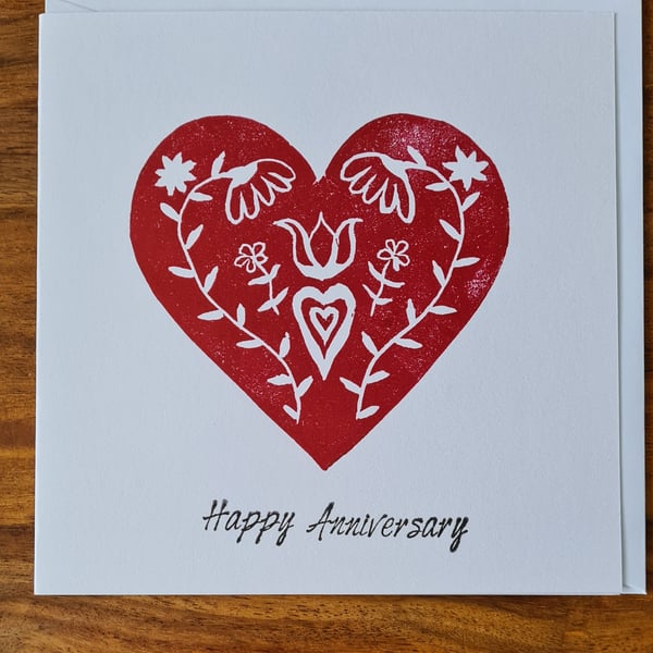 Red scandi heart anniversary card handprinted linocut 